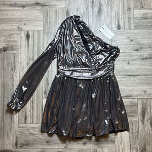 Endless Rose Women's Metallic Silver One-shoulder Cutout Romper Large NWT